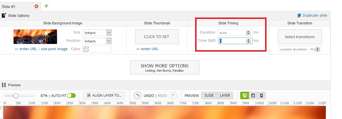 تنظیمات slide timing در layer slider